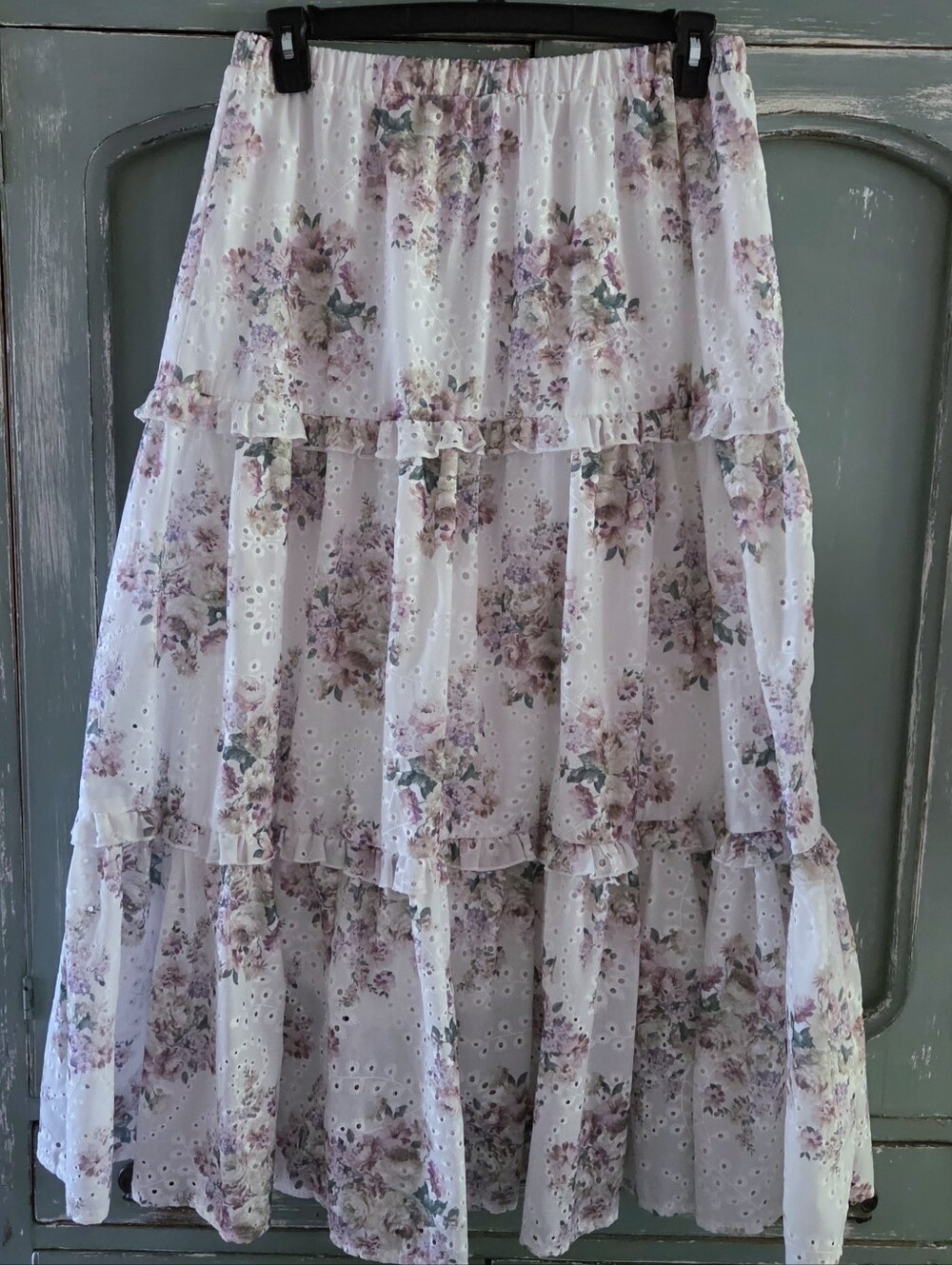 Cottagecore Lavender Eyelet Floral Midi Skirt